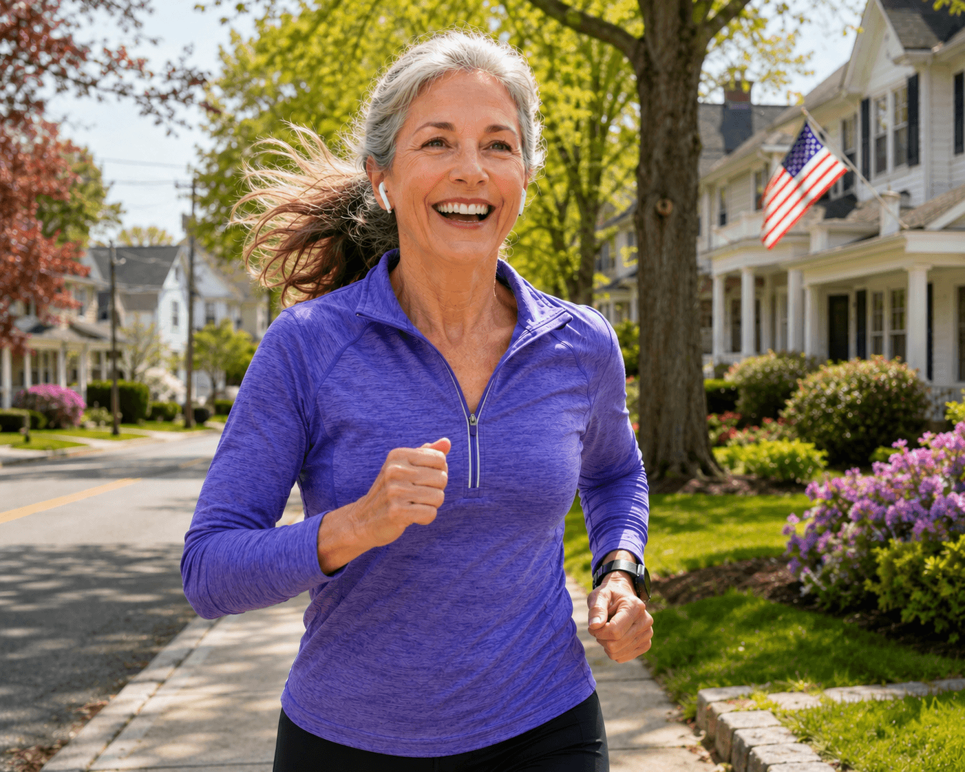 Woman running through a neighborhood